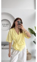 Kruvaze Yaka Bağlamalı Bluz - Sarı - 1021