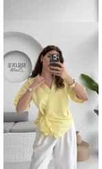 Kruvaze Yaka Bağlamalı Bluz - Sarı - 1021