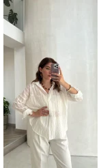 Kurdela Detay Çizgili Gömlek - Ekru - Kod: 2267