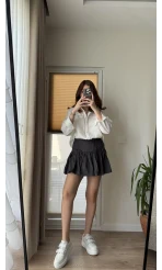 Kurdele Detay Antrasit Şort Etek - 5010