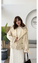 Kürk Yakalı Trençkot - Krem - Kod: 508232
