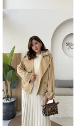 Kürk Yakalı Trençkot - Vizon - Kod: 508232