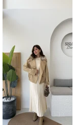 Kürk Yakalı Trençkot - Vizon - Kod: 508232