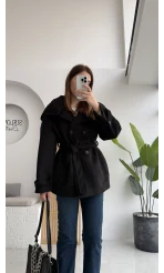 Kuruvaze Kısa Kuşaklı Kaban - Siyah - Kod: 7676