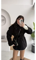 Kruvaze Kısa Kuşaklı Kaban - Siyah - Kod: 7676