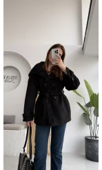 Kuruvaze Kısa Kuşaklı Kaban - Siyah - Kod: 7676