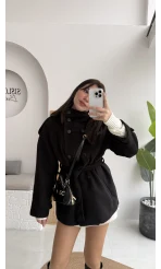 Kruvaze Kısa Kuşaklı Kaban - Siyah - Kod: 7676