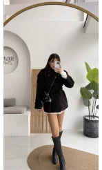 Kruvaze Kısa Kuşaklı Kaban - Siyah - Kod: 7676