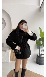 Kruvaze Kısa Kuşaklı Kaban - Siyah - Kod: 7676