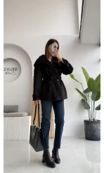 Kuruvaze Kısa Kuşaklı Kaban - Siyah - Kod: 7676