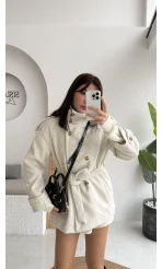 Kruvaze Kısa Kuşaklı Kaban - Taş - Kod: 7676