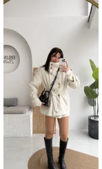 Kruvaze Kısa Kuşaklı Kaban - Taş - Kod: 7676