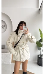 Kruvaze Kısa Kuşaklı Kaban - Taş - Kod: 7676