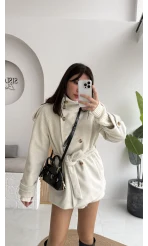 Kruvaze Kısa Kuşaklı Kaban - Taş - Kod: 7676