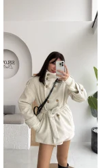 Kruvaze Kısa Kuşaklı Kaban - Taş - Kod: 7676