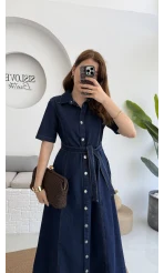 Kuşaklı Denim Uzun Elbise