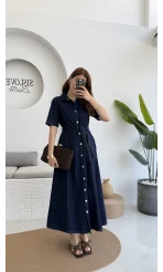 Kuşaklı Denim Uzun Elbise