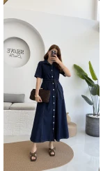 Kuşaklı Denim Uzun Elbise