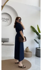 Kuşaklı Denim Uzun Elbise