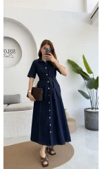 Kuşaklı Denim Uzun Elbise