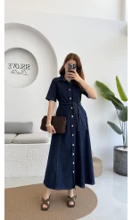 Kuşaklı Denim Uzun Elbise