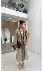 Kuşaklı Nakış İşlemeli Kimono - Adaçayı Yeşil - Kod: 5097