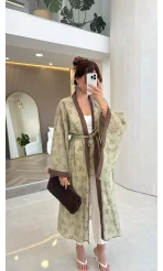 Kuşaklı Nakış İşlemeli Kimono - Adaçayı Yeşil - Kod: 5097
