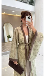 Kuşaklı Nakış İşlemeli Kimono - Adaçayı Yeşil - Kod: 5097