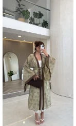 Kuşaklı Nakış İşlemeli Kimono - Adaçayı Yeşil - Kod: 5097