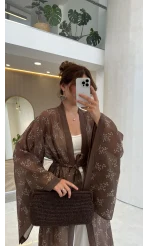 Kuşaklı Nakış İşlemeli Kimono - Kahve - Kod: 5097