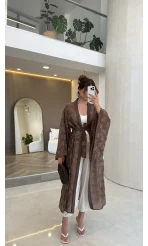 Kuşaklı Nakış İşlemeli Kimono - Kahve - Kod: 5097