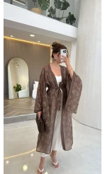 Kuşaklı Nakış İşlemeli Kimono - Kahve - Kod: 5097