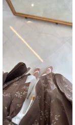 Kuşaklı Nakış İşlemeli Kimono - Kahve - Kod: 5097