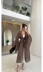 Kuşaklı Nakış İşlemeli Kimono - Kahve - Kod: 5097