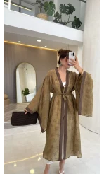 Kuşaklı Nakış İşlemeli Kimono - Olive - Kod: 5097
