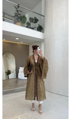 Kuşaklı Nakış İşlemeli Kimono - Olive - Kod: 5097