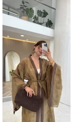 Kuşaklı Nakış İşlemeli Kimono - Olive - Kod: 5097