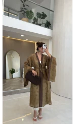 Kuşaklı Nakış İşlemeli Kimono - Olive - Kod: 5097