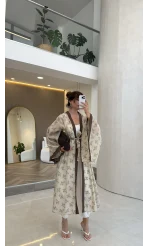 Kuşaklı Nakış İşlemeli Kimono - Taş - Kod: 5097