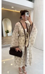 Kuşaklı Nakış İşlemeli Kimono - Taş - Kod: 5097