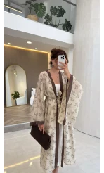 Kuşaklı Nakış İşlemeli Kimono - Taş - Kod: 5097