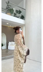 Kuşaklı Nakış İşlemeli Kimono - Taş - Kod: 5097