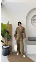 Kuşaklı Nervür Dikişli Örme Takım - Haki - Kod: 8839