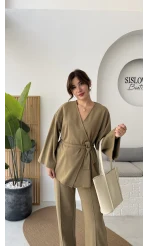 Kuşaklı Nervür Dikişli Örme Takım - Haki - Kod: 8839