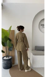 Kuşaklı Nervür Dikişli Örme Takım - Haki - Kod: 8839