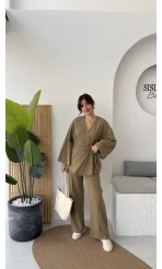 Kuşaklı Nervür Dikişli Örme Takım - Haki - Kod: 8839