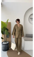 Kuşaklı Nervür Dikişli Örme Takım - Haki - Kod: 8839