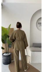 Kuşaklı Nervür Dikişli Örme Takım - Haki - Kod: 8839