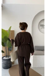 Kuşaklı Nervür Dikişli Örme Takım - Kahverengi - Kod: 8839