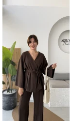 Kuşaklı Nervür Dikişli Örme Takım - Kahverengi - Kod: 8839